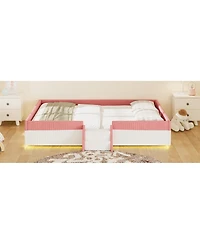 Streamdale Furniture Queen Upholstered Floor Bed with Fence, Steps and Led Lights