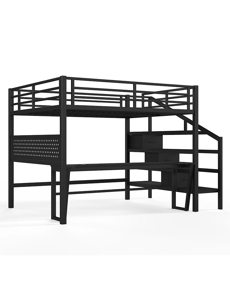 Streamdale Furniture Queen Metal Loft Bed with Desk, Stairs, Led and Storage Drawers