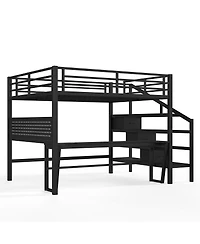 Streamdale Furniture Queen Metal Loft Bed with Desk, Stairs, Led and Storage Drawers