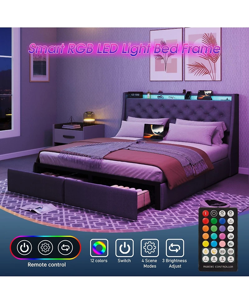 Streamdale Furniture Led Tufted Linen Platform Bed Frame with Drawers and Usb Charging