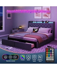Streamdale Furniture Led Tufted Linen Platform Bed Frame with Drawers and Usb Charging