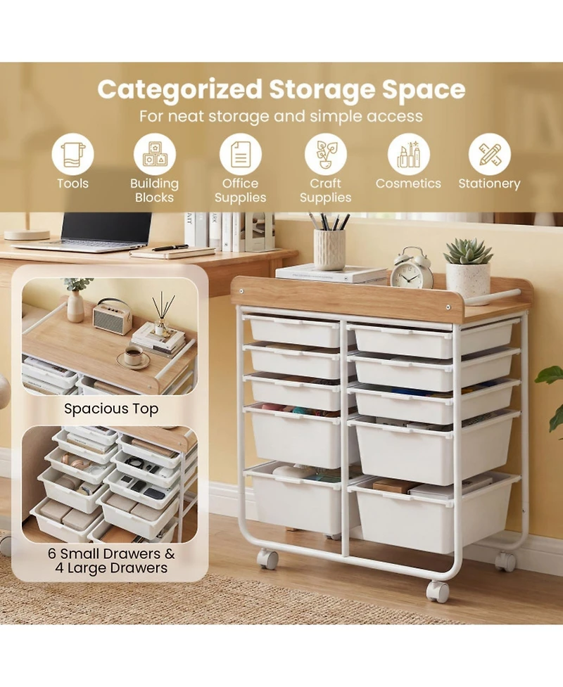Sugift 10-Drawer Rolling Cart with Wooden Tabletop Side Handles and Lockable Wheels