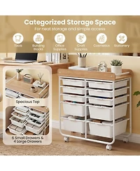 Sugift 10-Drawer Rolling Cart with Wooden Tabletop Side Handles and Lockable Wheels