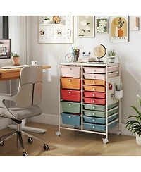 Sugift 15-Drawer Rolling Storage Cart with Metal Tabletop and Pegboard Mobile Craft Organizer