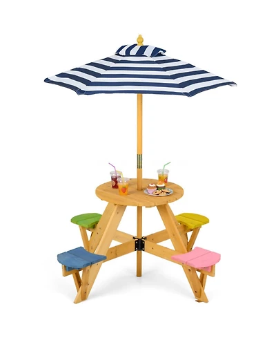 Sugift Kids Round Picnic Table with 4 Built-In Stools and Height Adjustable Umbrella