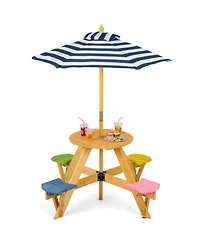 Sugift Kids Round Picnic Table with 4 Built-In Stools and Height Adjustable Umbrella