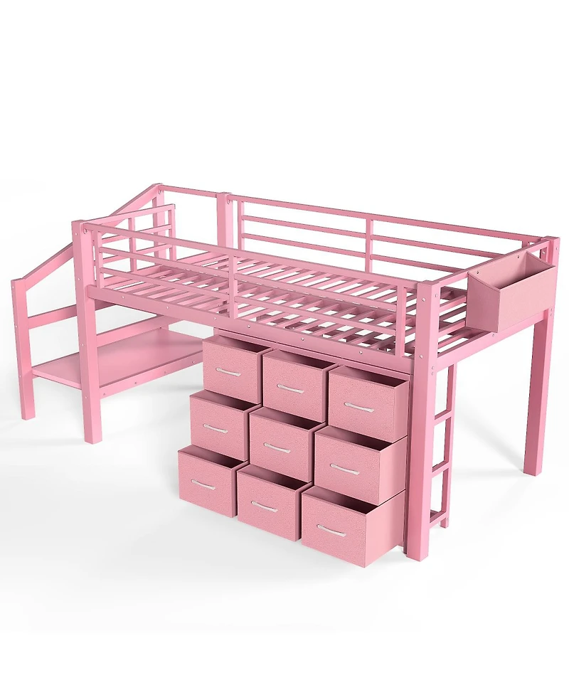 Streamdale Furniture Twin Low Loft Bed with Storage Stairs, Fabric Drawers, Lights
