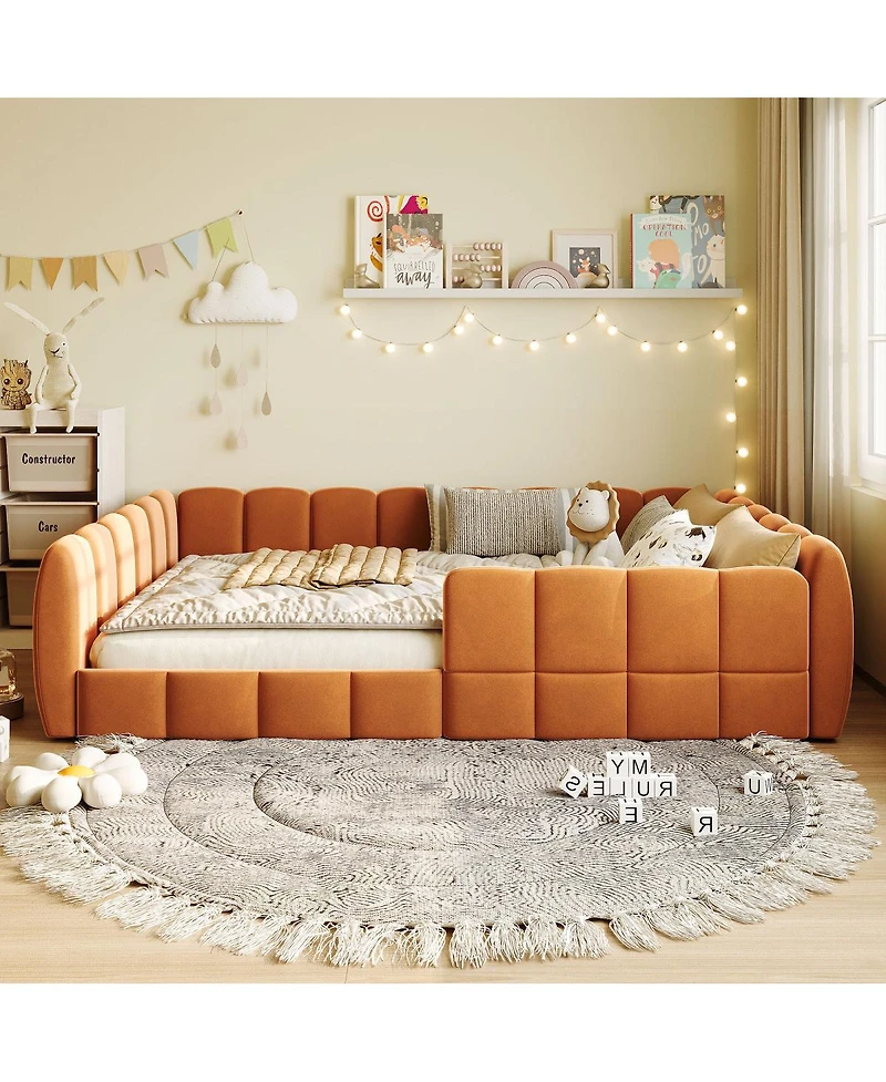 Streamdale Furniture Full Size Velvet Upholstered Floor Bed, Pumpkin