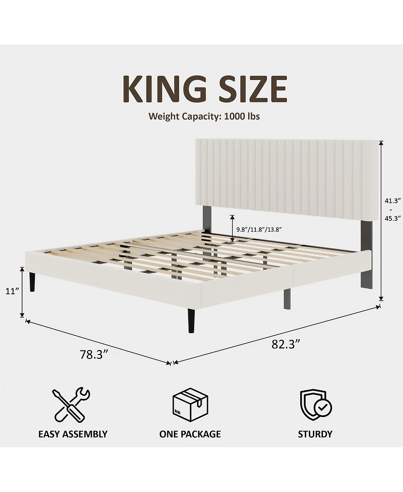 Streamdale Furniture King Size Velvet Upholstered Platform Bed with Adjustable Headboard