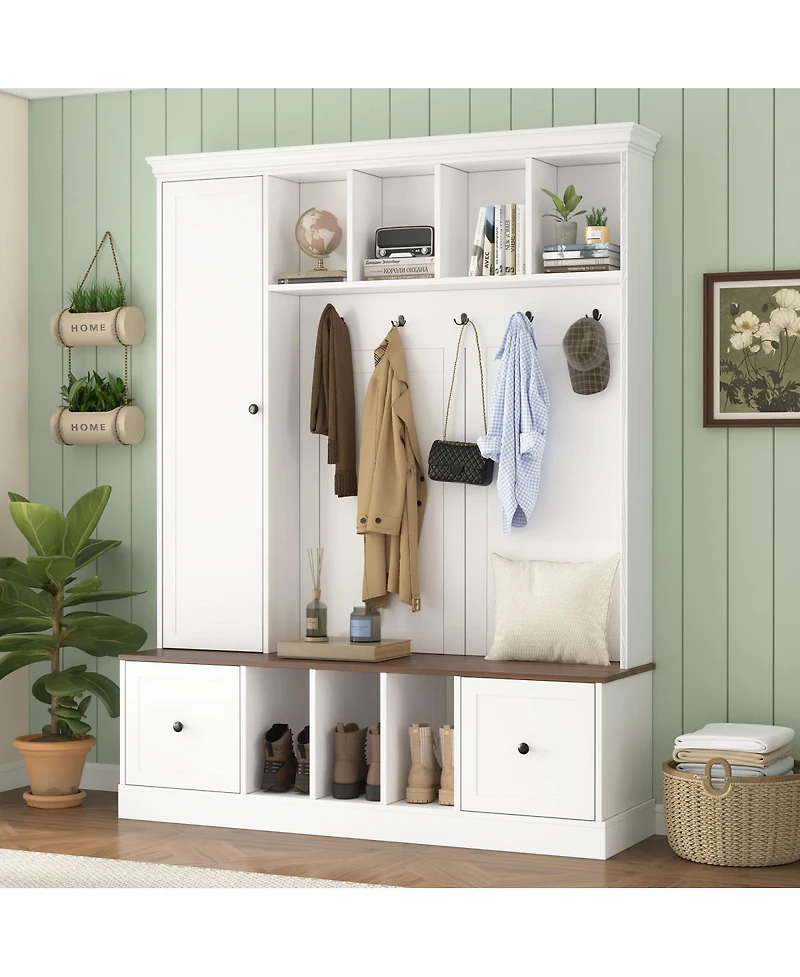 Streamdale Furniture 62.2" Farmhouse Hall Tree with Shoe Storage Bench and Coat Rack