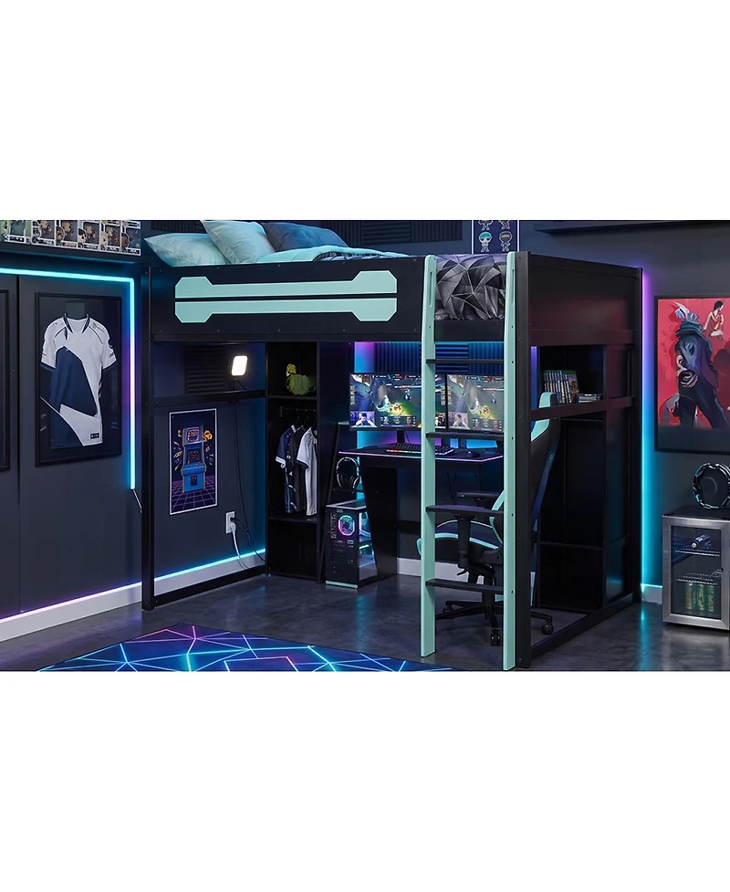 Streamdale Furniture Full-Size Wooden Gaming Loft Bed with Desk, Storage and Led Light