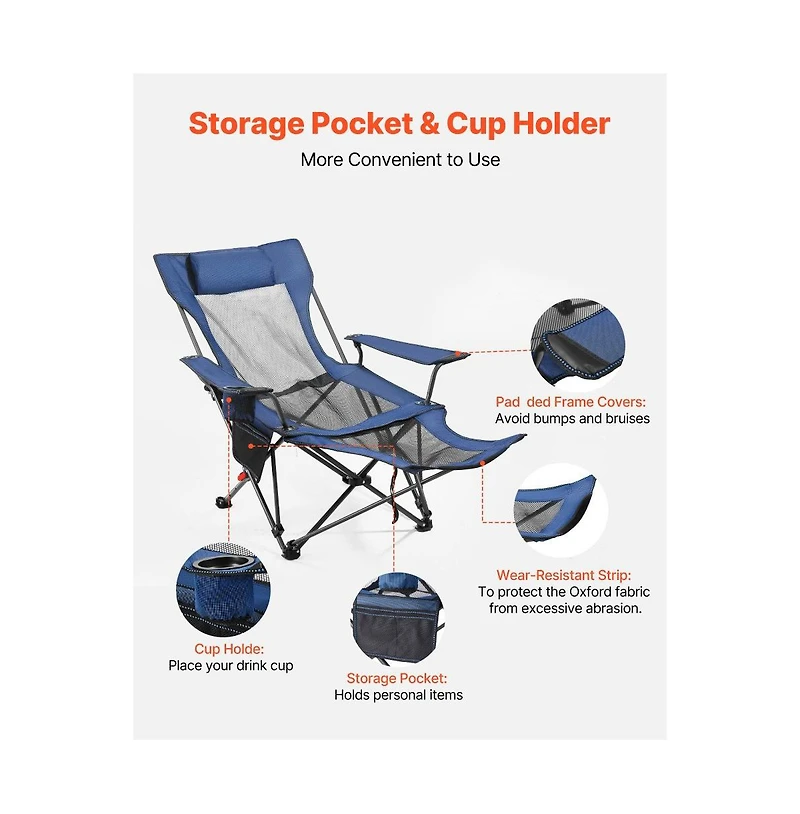 Slickblue Portable Reclining Camping Chair with Cushion, Adjustable Folding Beach Chair with Footrest