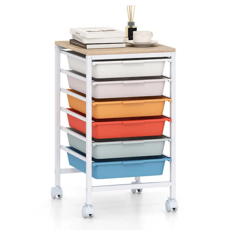 Sugift 6-Drawer Rolling Storage Cart with Wooden Tabletop and Lockable Swivel Casters