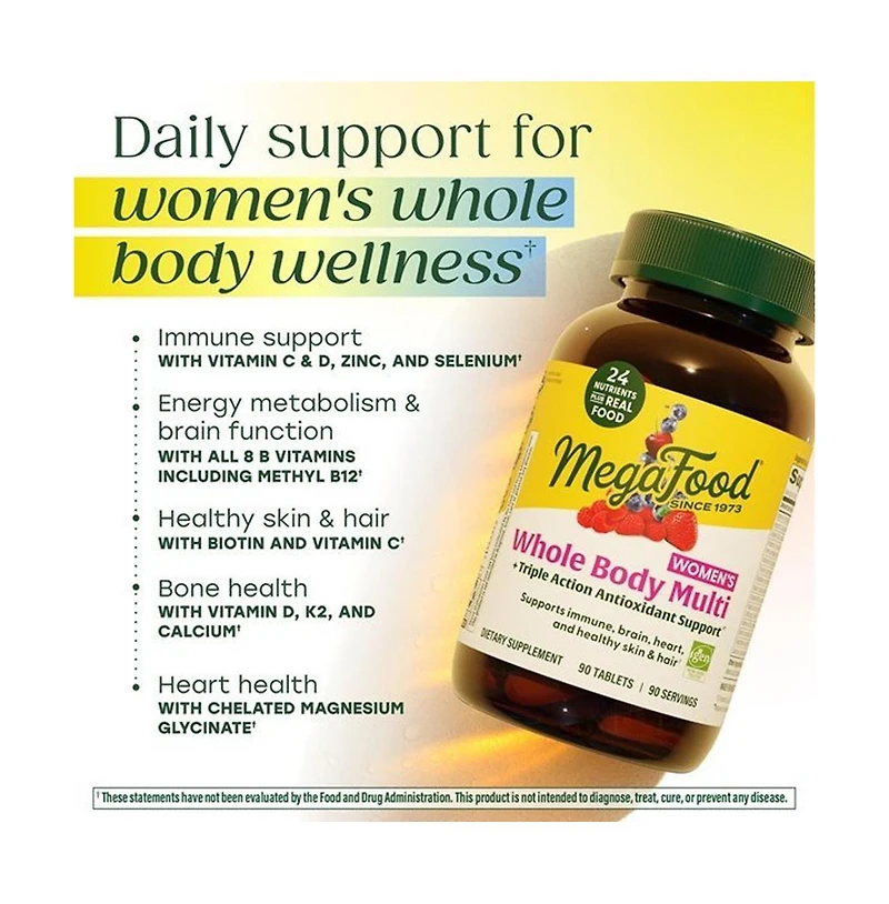 MegaFood Whole Body Multivitamin for Women with Methyl B12 and Methylfolate, Daily Energy and Immune Support, 90 Ct
