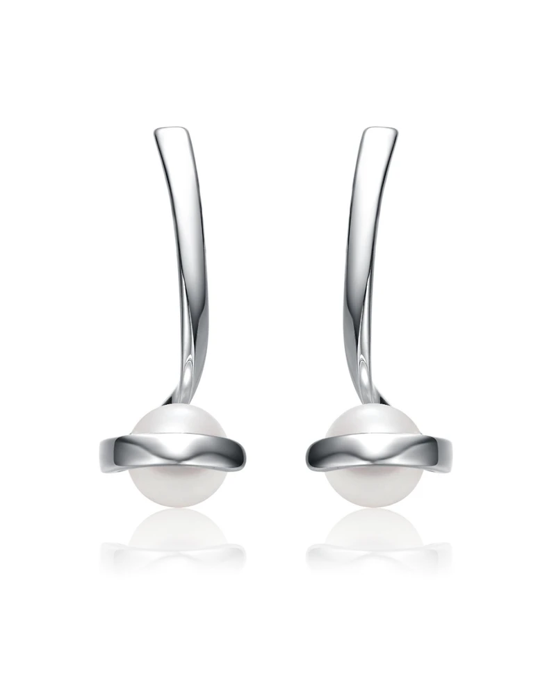 Sterling Silver with Freshwater White Pearl Ribbon Swirl Dangle Drop Earrings
