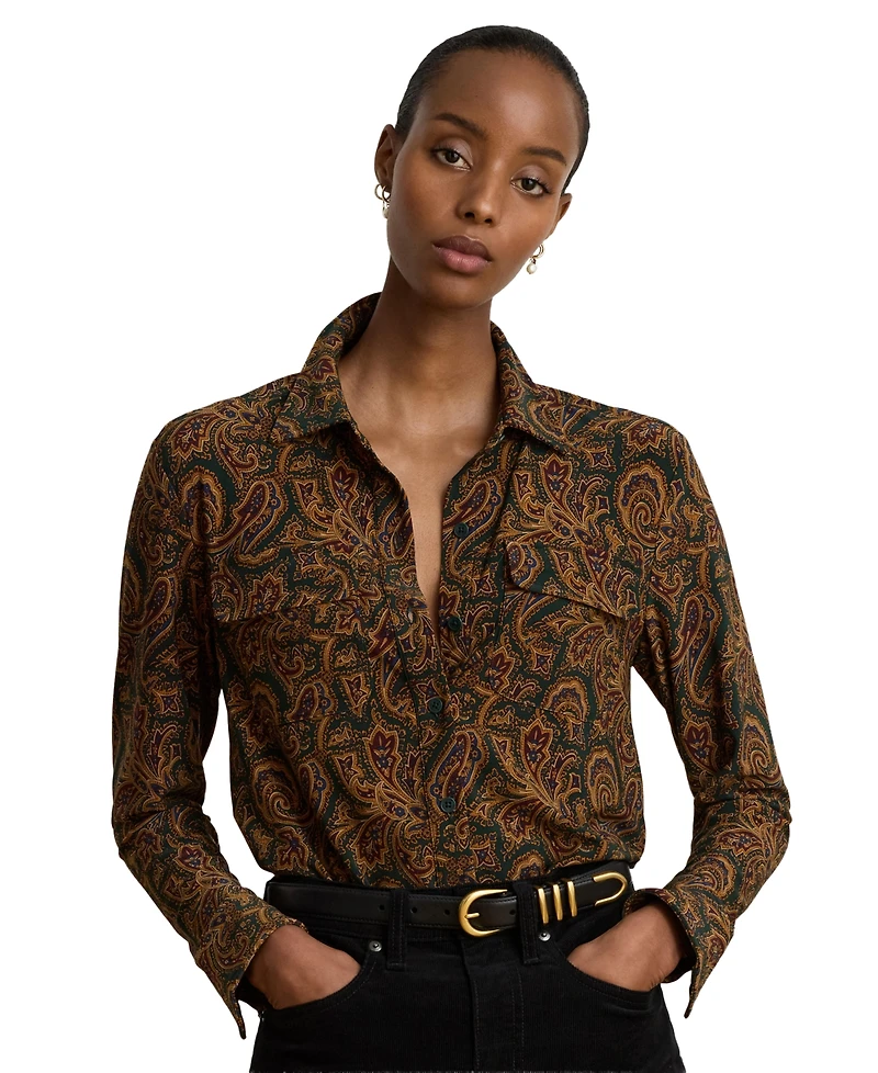 Lauren Ralph Women's Paisley Stretch Jersey Shirt Long-Sleeve Button-Up Blouse