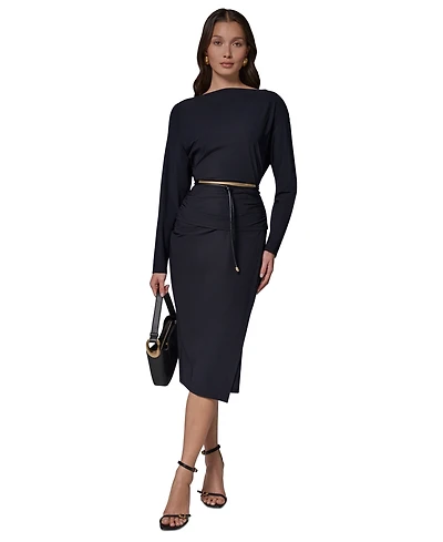 Two-Piece Long Sleeve Draped Top & Pencil Skirt Set with Belt