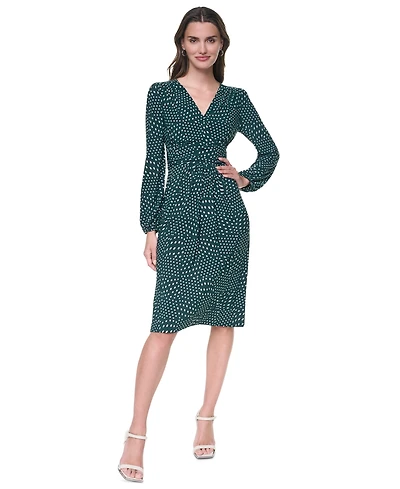 Dkny Women's Long Sleeve Surplice V-Neck Twist-Front Fit and Flare Midi Dress