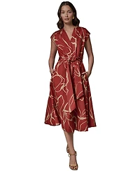 Donna Karan New York Women's Printed Tie Belt V-Neck Midi Dress