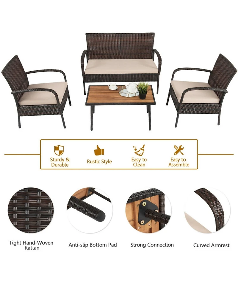 Clihome 4 Pieces Patio Cushioned Wicker Set with Acacia Wood Tabletop