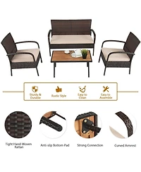 Clihome 4 Pieces Patio Cushioned Wicker Set with Acacia Wood Tabletop