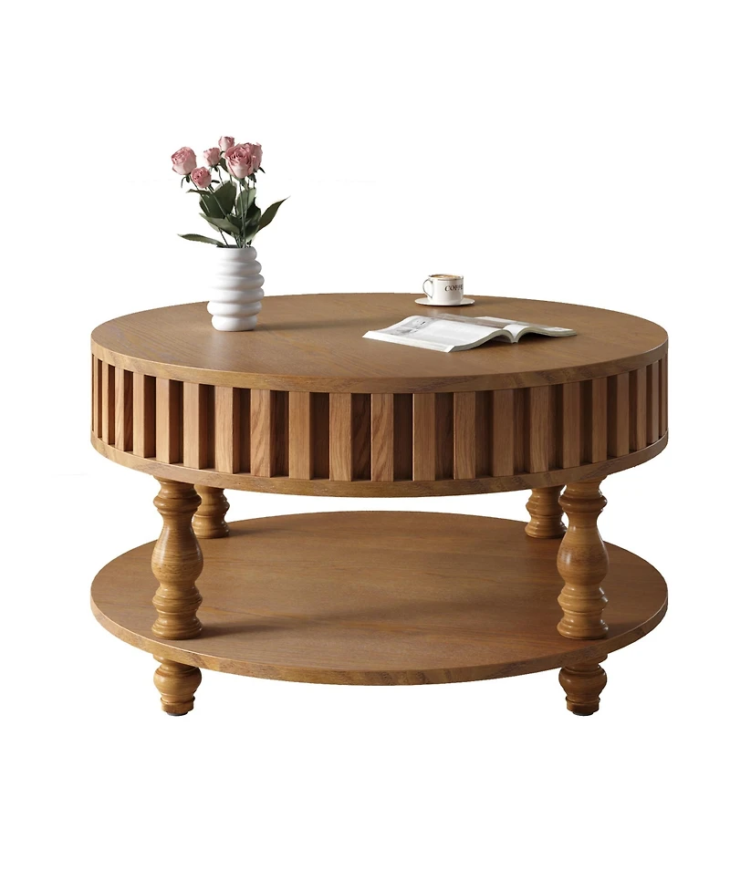 Rainsken 31.5" Farmhouse Coffee Table, 2-Tier Wood Center Table with Storage, Flip-Top Lids and Fluted Trim for Living Room, Apartment Office
