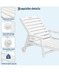 GarveeLife Rolling Patio Lounge Chair, Hdpe Poolside Chaise Lounge with 5 Adjustable Backrest, Wheels and Cup Holder, Sunbathing Recliner