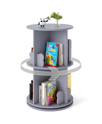 Gymax Rotating Bookshelf Cute 2-tier Kids Bookcase with Bear Bookends and 8 Compartments