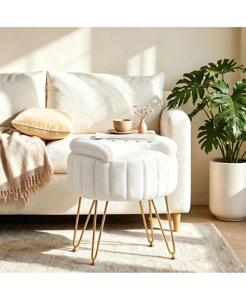 Round Vanity Stool with Storage and Backrest