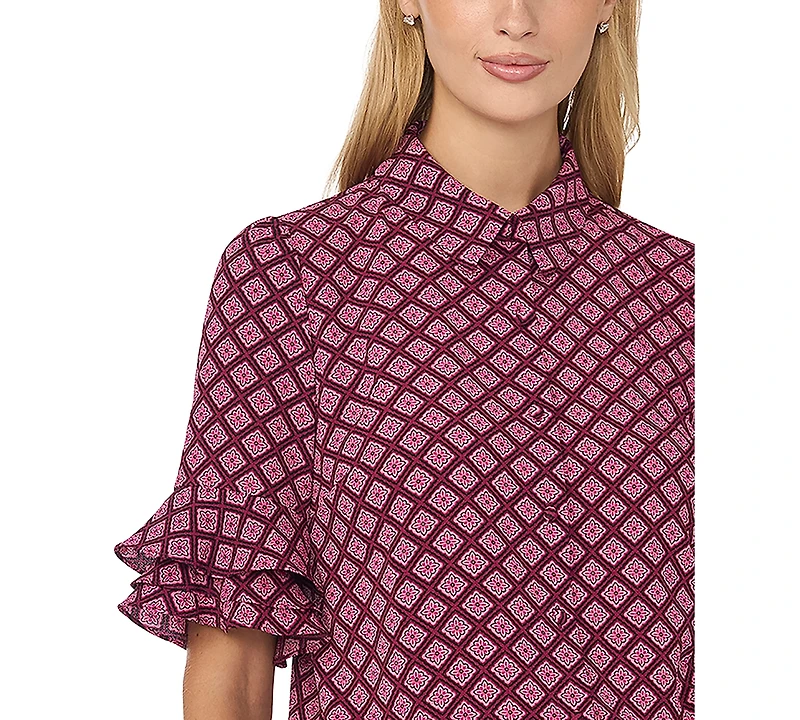 CeCe Women's Collared Button Up With Ruffle Sleeve Opening Geometric-Print Blouse