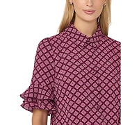 CeCe Women's Collared Button Up With Ruffle Sleeve Opening Geometric-Print Blouse