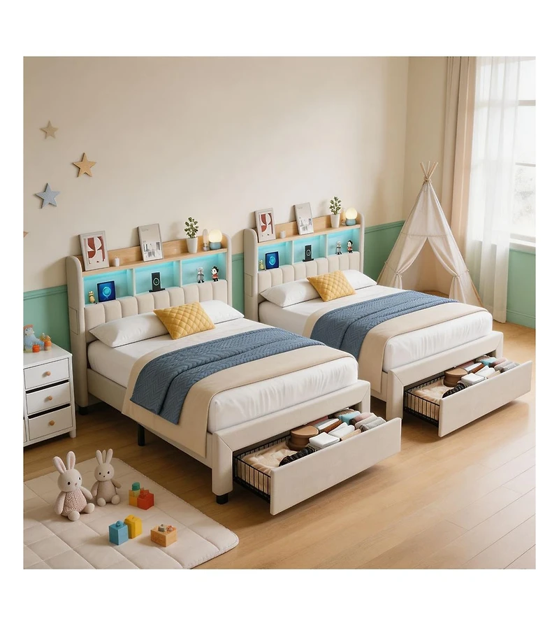 Gaomon Set of 2 Twin Platform Bed Frame with Charging Station and Storage Headboard, Heavy Duty, No Box Spring Needed, Easy Assembly