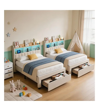 Gaomon Set of 2 Twin Platform Bed Frame with Charging Station and Storage Headboard, Heavy Duty, No Box Spring Needed, Easy Assembly