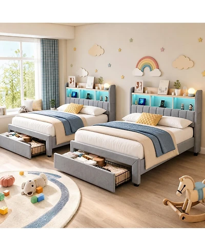 Gaomon Set of 2 Twin Size Platform Bed Frame with Charging Station and Storage Headboard, Heavy Duty, No Box Spring Needed, Easy Assembly