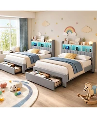 Gaomon Set of 2 Twin Size Platform Bed Frame with Charging Station and Storage Headboard, Heavy Duty, No Box Spring Needed, Easy Assembly