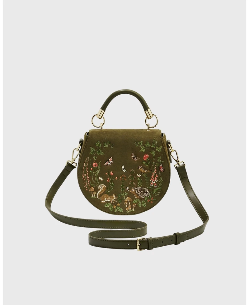 Fable England Charlotte Meadow Scene Embroidered Faux Suede Saddle Bag