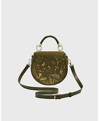 Fable England Charlotte Meadow Scene Embroidered Faux Suede Saddle Bag