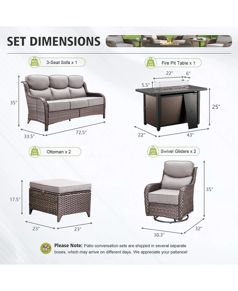 Pocassy 6-Piece Patio Set with High-Back Swivel Chairs, 6 Cushions, Fire Pit Table, and Ottomans