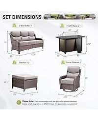 Pocassy 6-Piece Patio Set with High-Back Swivel Chairs, 6 Cushions, Fire Pit Table, and Ottomans