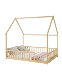 Streamdale Furniture Full Size House Floor Bed with Roof and Safety Guardrails