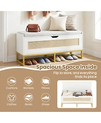 Sugift 39.5inches Rattan Storage Chest Wicker Shoe Bench with Padded Seat Flip-Top