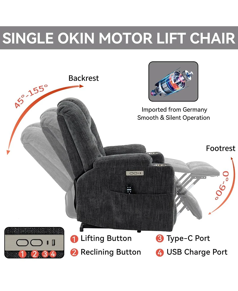 Streamdale Furniture Large Power Lift Recliner with Massage, Heat, Usb and Cup Holders
