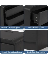 homfan 2-Pack Curved Nightstand with 3 Drawers and Open Shelf, Black Grain Finish, Charging Station, End Table for Bedroom