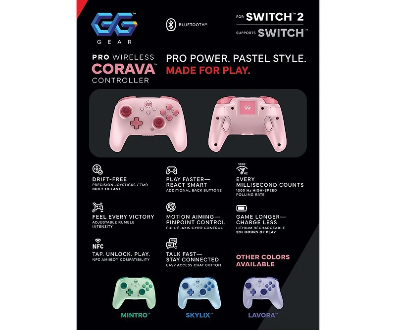Gg Gear Gripz Corava Wireless Hall-Effect Racing Wheel + Controller, 2-Piece Bundle for Nintendo Switch 2