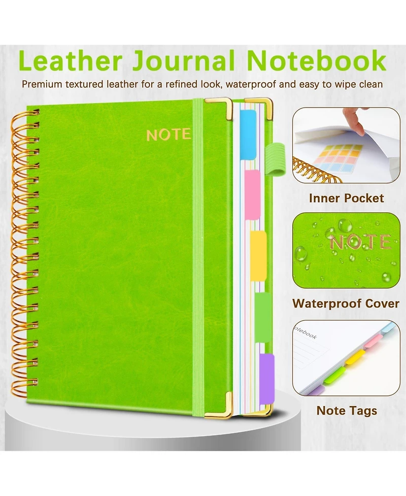 Danrong Faux Leather 5 Subject Spiral Notebook College Ruled 300 Pages with Dividers Tabs Pen Loop