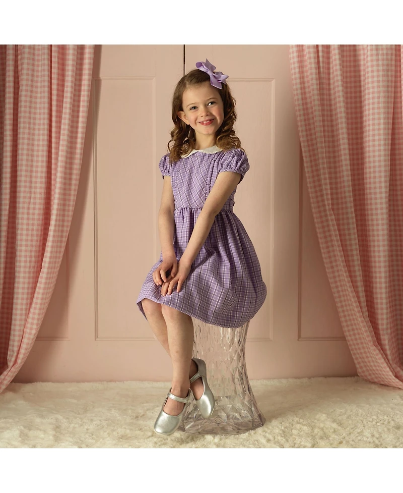Rachel Riley Toddler Girls' 2T-5T Puff-Sleeve Peter Pan Collar Check Frill Front Dress