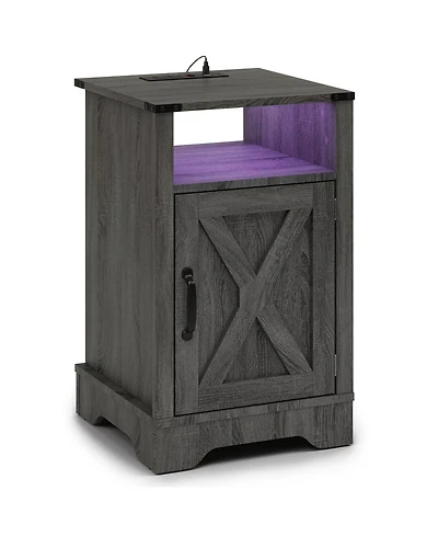 Flynama Led Nightstand with Charging Station, Farmhouse Wooden Side Table with Storage Cabinet