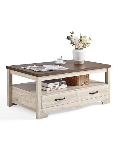 gaomon Farmhouse Coffee Table with 2 Drawers and Open Shelf Storage, Wood Rectangular Center for Living Room