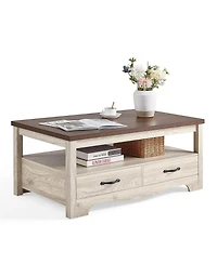 gaomon Farmhouse Coffee Table with 2 Drawers and Open Shelf Storage, Wood Rectangular Center for Living Room