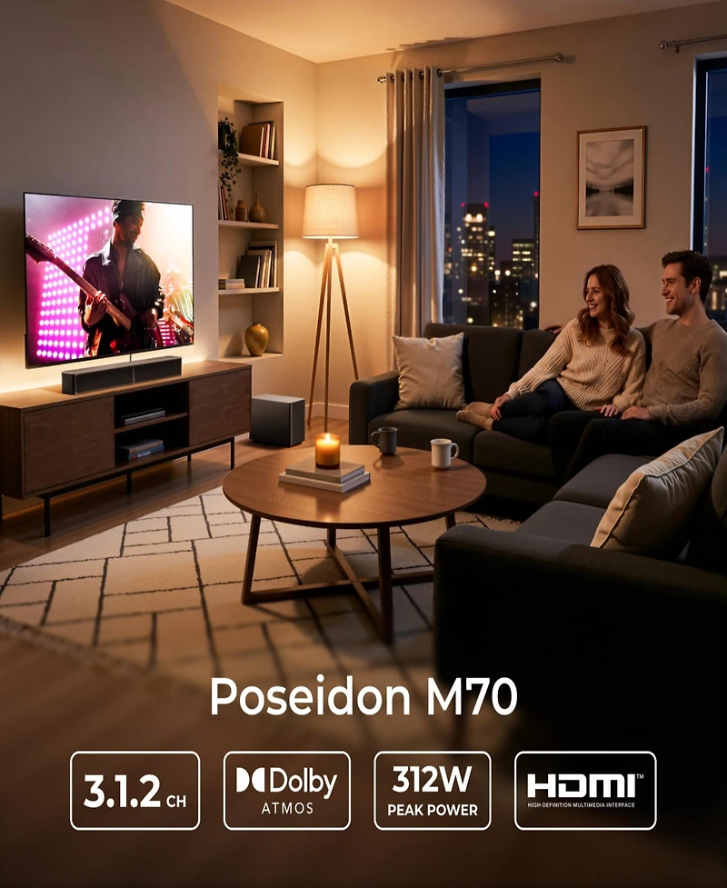 Ultimea Poseidon M70 3.1.2ch Dolby Atmos Sound Bar with Wireless Subwoofer,2 Up-Firing Drivers,312W Peak Power BassMX, Hdmi eARC